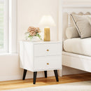 Mid Century Modern Bedside Table Nightstand with Golden Knobs and Raised Support Legs-White