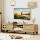 Mid Century Modern TV Stand for 80 Inch TVs with Sliding Door Cabinets and Storage Shelves-Oak