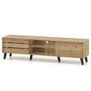 Mid Century Modern TV Stand for 80 Inch TVs with Sliding Door Cabinets and Storage Shelves-Oak
