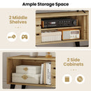 Mid Century Modern TV Stand for 80 Inch TVs with Sliding Door Cabinets and Storage Shelves-Oak