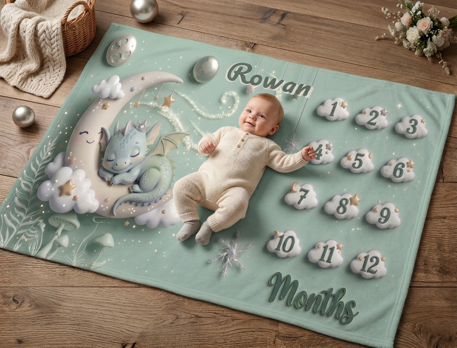 Personalized Baby Milestone Blanket with Name | Sleeping Dragon & Moon | Custom Dragon Baby Gift