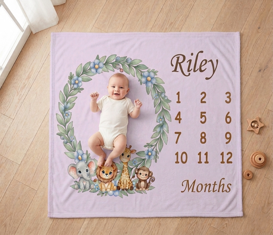 Personalized Baby Safari Milestone Blanket with Name | Lavender Pink, Light Blue & Cream | Custom Baby Gift