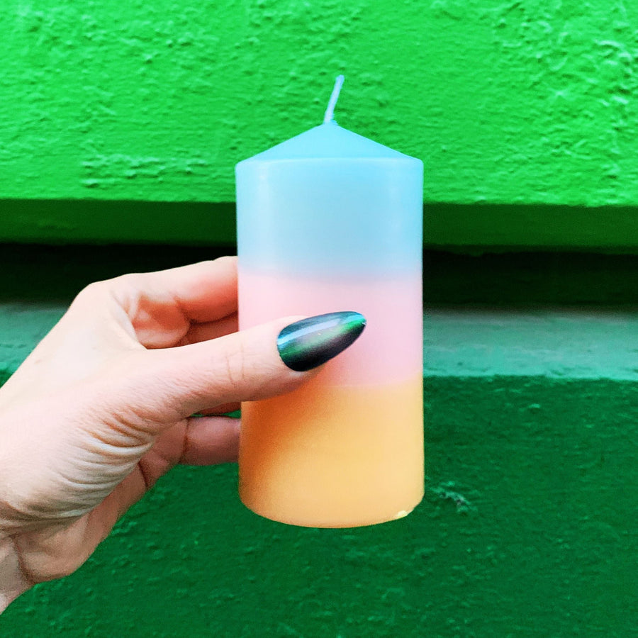 Mini Pillar Candle in Blue Pink Orange | Tri-Colored Ombre Aesthetic Table Candle 4.75