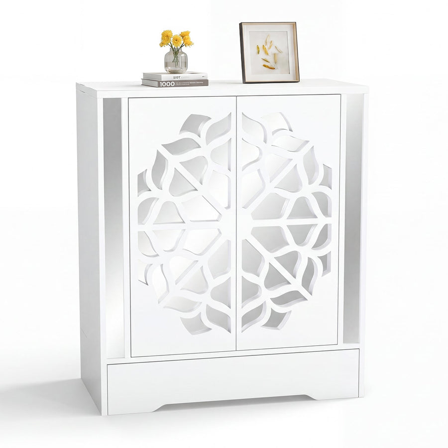 Mirrored Shoe Cabinet 4-Tier Shoe Organizer with Large Drawer-White