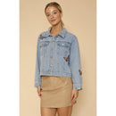 Miss Sparkling Light Blue Monarch Butterfly Embroidered Denim Jacket | Sizes SM-XL
