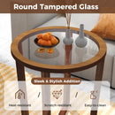 Modern Round End Table Sofa Side Table with Transparent Tempered Glass Top-Brown