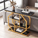 Modern Sofa Table Behind Couch 4-Tier Console Table with Faux Marble Tabletop-Black