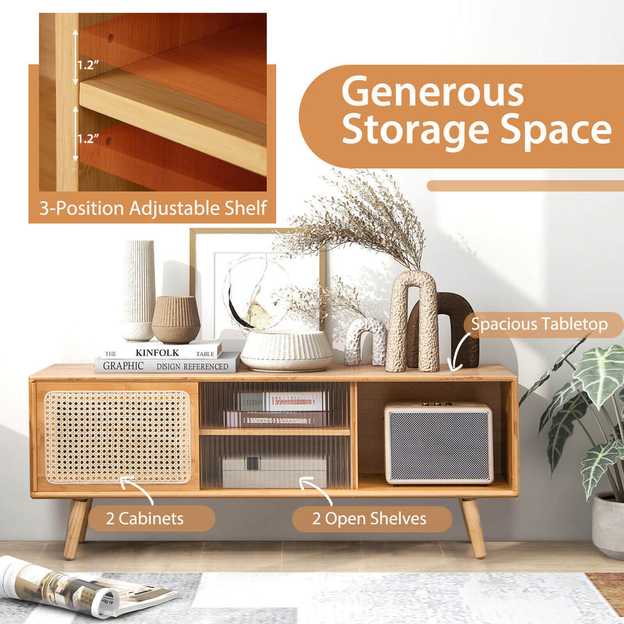 Modern TV Stand with Rattan Glass Sliding Doors