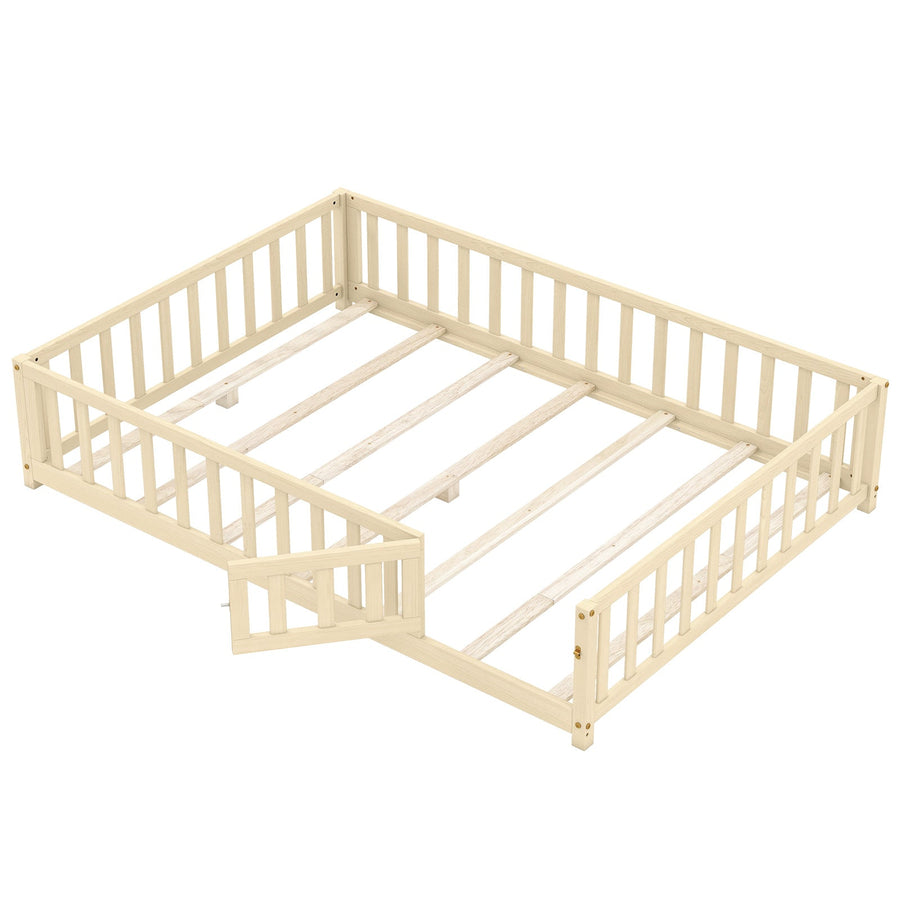 Montessori Bed Frame with Full-length Guardrails Safety Door and Latch