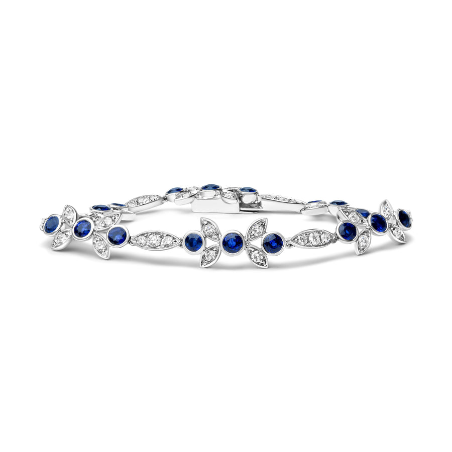 18K White Gold 1 3/4 Cttw Diamond and 3x3mm Round Blue Sapphire Gemstone Floral Link Bracelet (G-H Color, SI1-SI2 Clarity) - Size 7