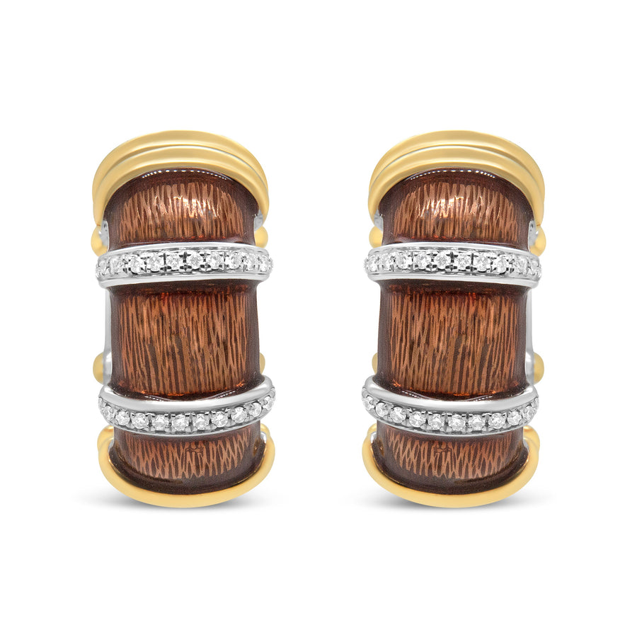 18K Yellow and White Gold Flash Plated .925 Sterling Silver Clear Brown Enamel 9/10 Cttw Round Diamonds Huggie Hoop Earrings (F-G Color, VS1-VS2 Clarity)
