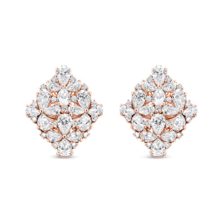 18K Rose Gold 8 1/3 Cttw Pear and Round Diamond Floral Cluster Omega Earrings (F-G Color, VS1-VS2 Clarity)