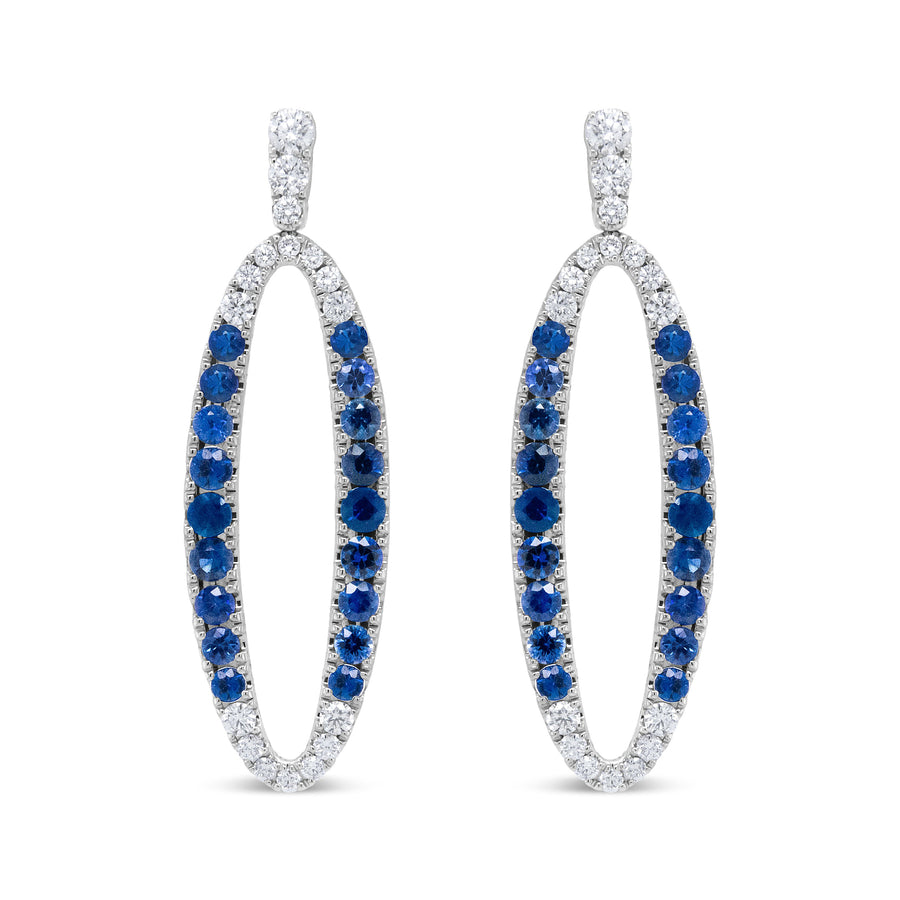 18K White Gold 1.11 Cttw Blue Round Diamond and Blue Sapphire Openwork Oval Shaped Dangle Earrings (F-G Color, VS1-VS2 Clarity)