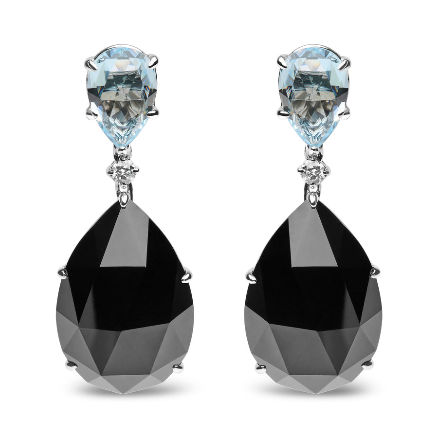 18K White Gold 1/5 Cttw Diamond with Pear Cut Sky Blue Topaz and Pear-Cut Black Onyx Gemstone Dangle Earring (G-H Color, SI1-SI2 Clarity)