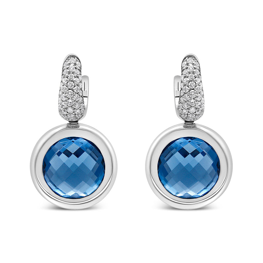 18K White Gold Bezel Set 11mm Blue Topaz and 1/2 Cttw Invisible Set Diamond Bale Dangle Earrings (F-G Color, VS1-VS2 Clarity)