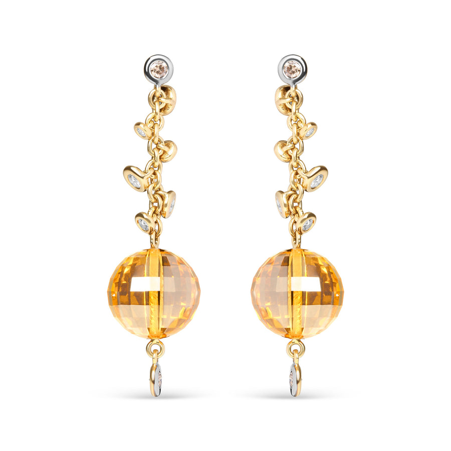 18K Yellow Gold 2/3 Cttw Round Bezel Diamond and 25mm Ball Shaped Yellow Citrine Gemstone Dangle Stud Earring (Brown and G-H Color, SI1-SI2 Clarity)