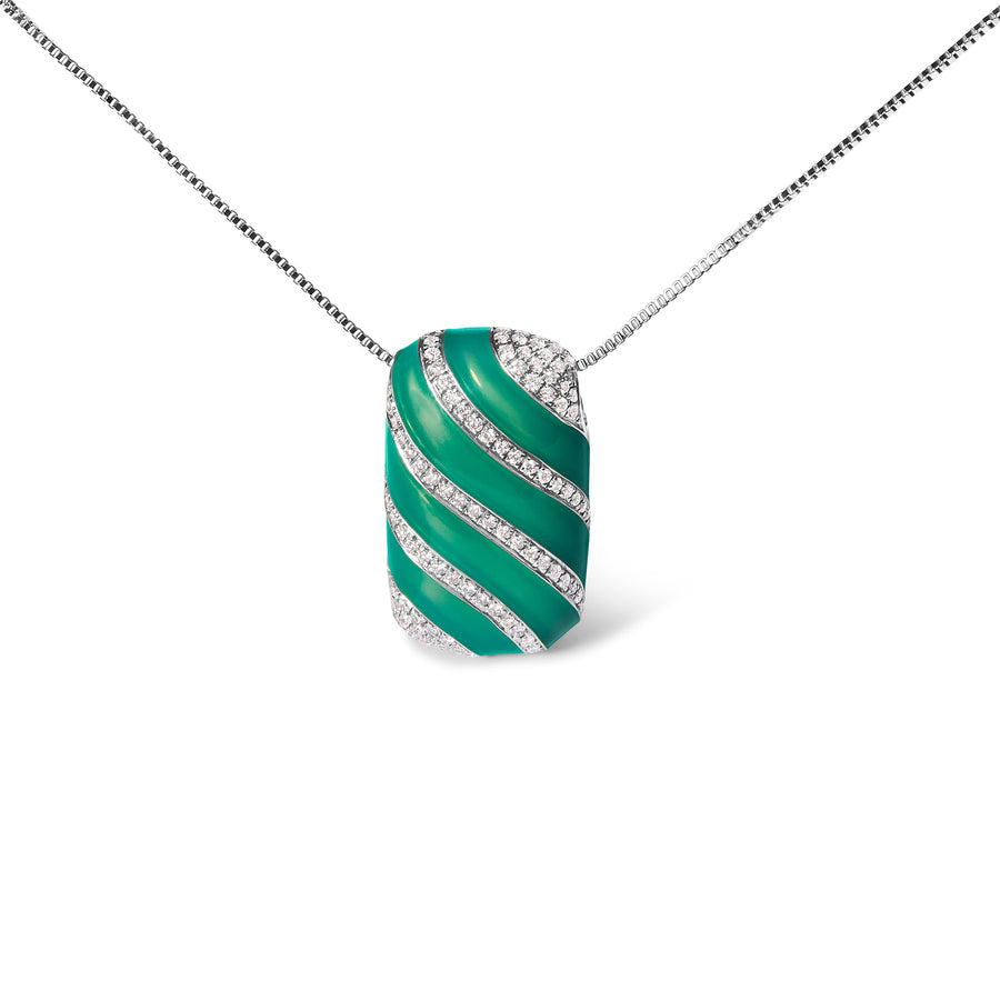 .925 Sterling Silver Turquoise Enamel and 1/2 Cttw Diamond Block 18