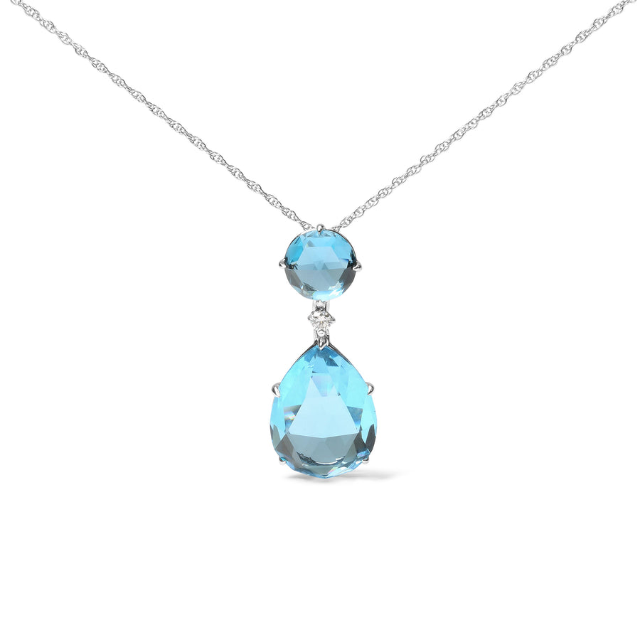 18K White Gold Diamond Accent and Round London Blue Topaz and Pear Cut Sky Blue Topaz Dangle Drop 18