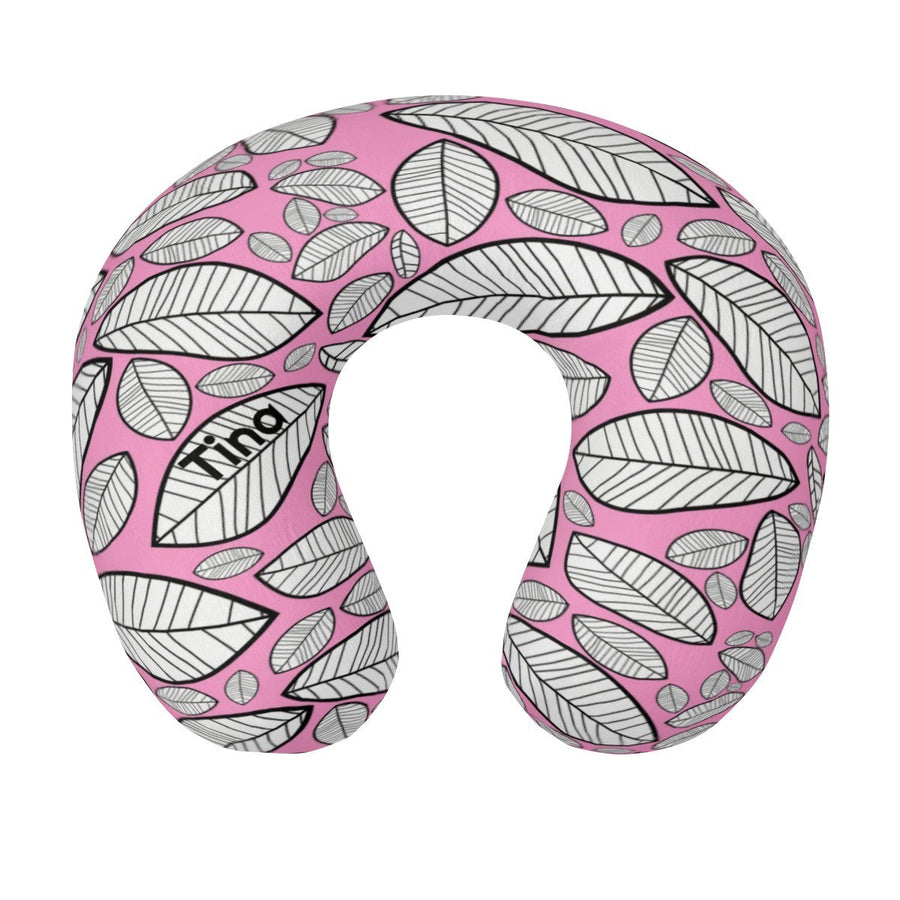 Personalized Travel Neck Pillow with Name | Sketched Leaf Print on Pink | Memory Foam | Botanical Gift for Women