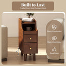Solid Wood End Table Narrow Bedside Table with Pull-out Tray and 2 Storage Drawers-Brown