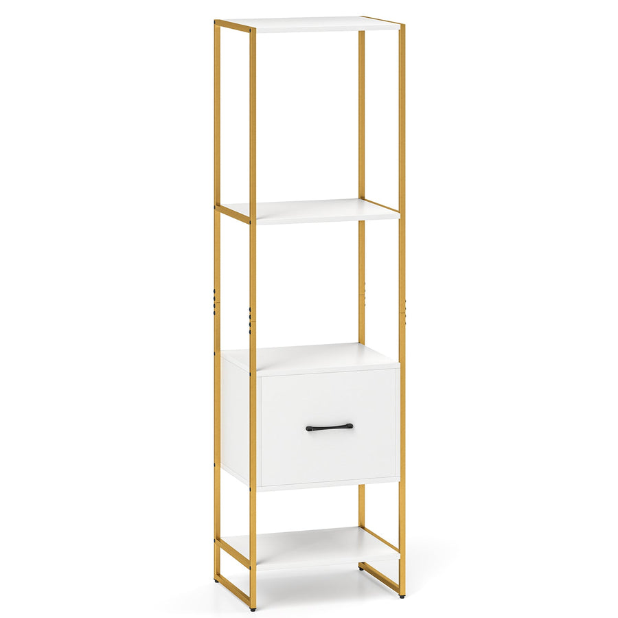 5-Tier Narrow Bookcase with 4 Open Shelves and Storage Drawer