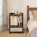Nightstand Industrial Bedside Table with Open Storage Shelf and Fabric Drawer-Rustic Brown