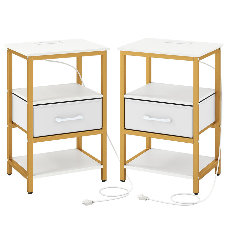 Nightstand with Charging Station and Adjustable Fabric Drawer for Bedroom and Living Room