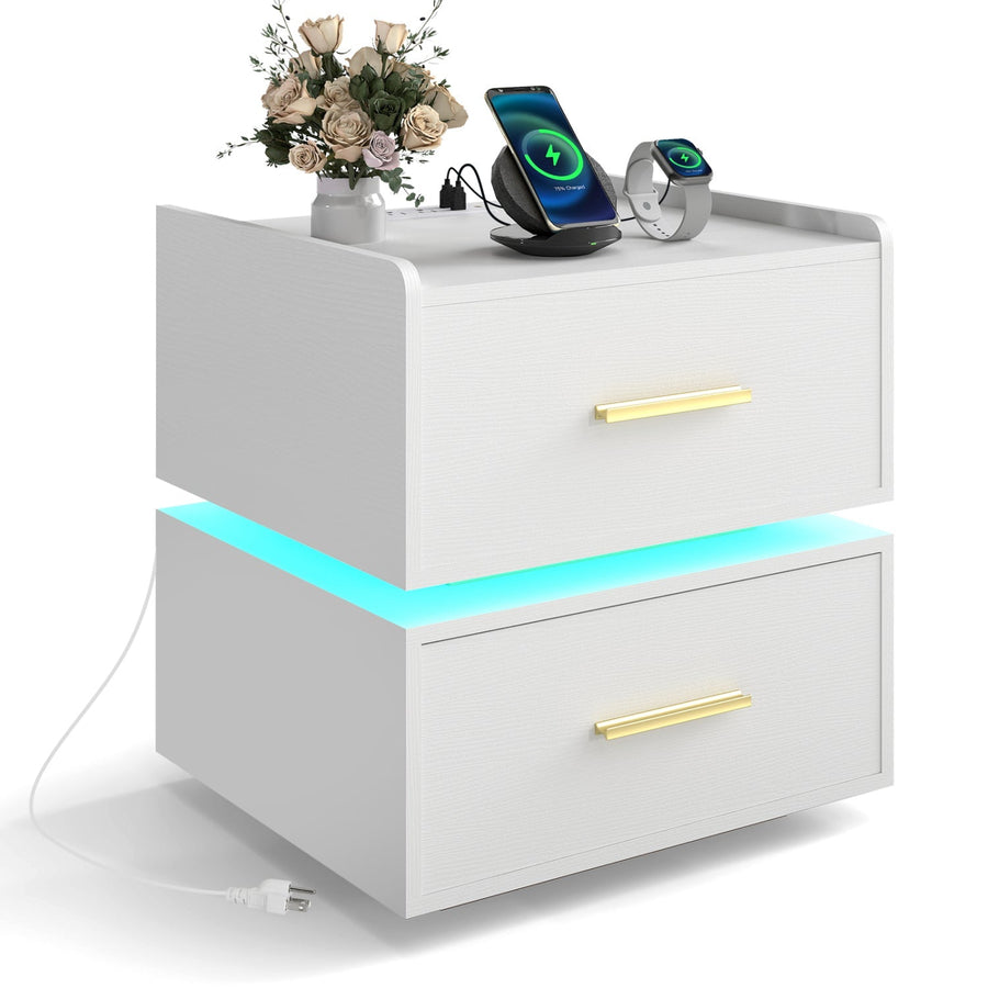 Nightstand with Charging Station LED Bedside Table with 2 Storage Drawers