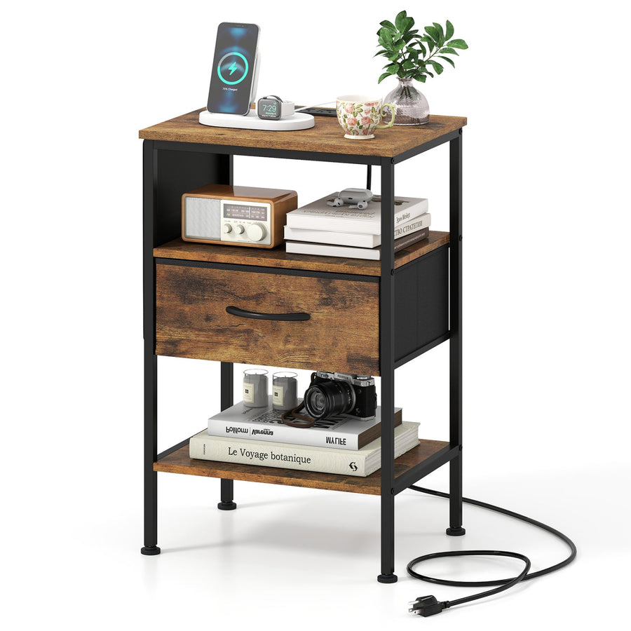 Nightstand with Charging Station 24.5 inch Modern Bedside Table with Fabric Drawer