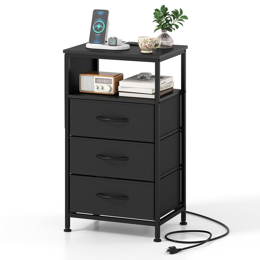 Nightstand with Charging Station 27.5 inch Modern Bedside Table with 3 Fabric Drawers