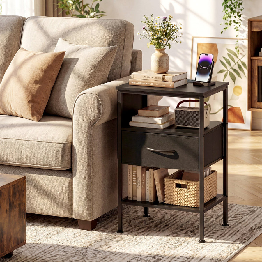 Nightstand with Charging Station and Fabric Drawer 24.5