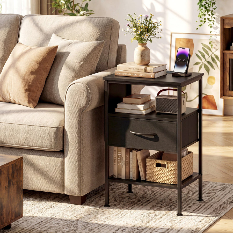 Nightstand with Charging Station and Fabric Drawer 24.5