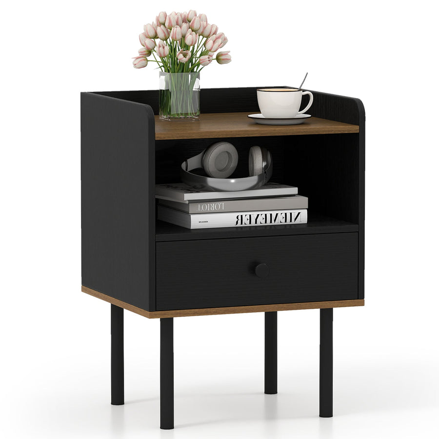 Nightstand with Drawer 3-Tier Sofa Side Table with Open Storage Shelf-Black
