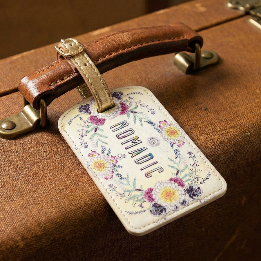 Nomadic Boho Luggage Tag | Floral Sunrise Wreath Design with Metallic Strap