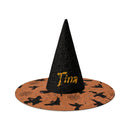 Personalized Halloween Witch Hat with Custom Name - Flying Witches Ghosts and Spider Webs Orange Brim Costume Hat for Adults and Teens