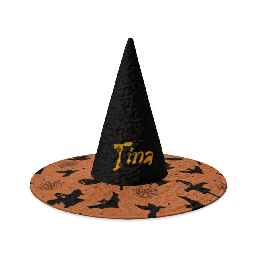 Personalized Halloween Witch Hat with Custom Name - Flying Witches Ghosts and Spider Webs Orange Brim Costume Hat for Adults and Teens