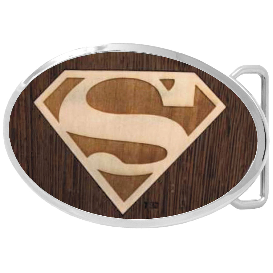 Superman Logo Framed Marquetry Black Walnut/Maple - Chrome Oval Rock Star Buckle