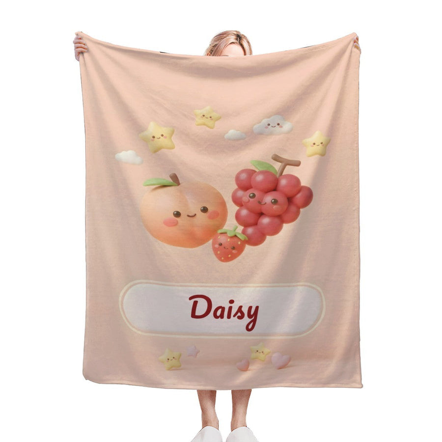 Personalized Kawaii Fruit Blanket | Custom Name Gift Kawaii Throw | Peach, Grapes, Strawberry