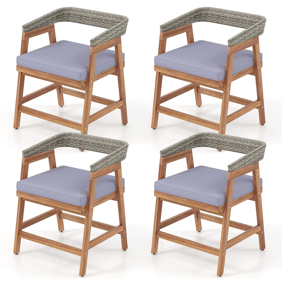 Outdoor Acacia Wood Patio Wicker Dining Chairs Set of 4 with Seat Cushion-Gray