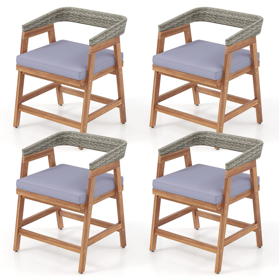 Outdoor Acacia Wood Patio Wicker Dining Chairs Set of 4 with Seat Cushion-Gray