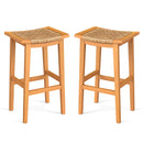 Outdoor Acacia Wood Bar Stools Set of 2 with PE Rattan Seats and Backrests