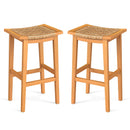 Outdoor Acacia Wood Bar Stools Set of 2 with PE Rattan Seats and Backrests