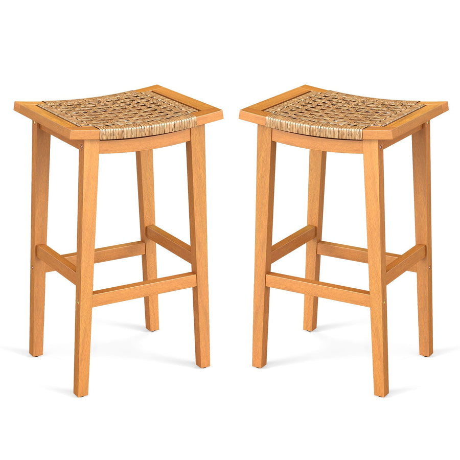 Outdoor Acacia Wood Bar Stools Set of 2 with PE Rattan Seats and Backrests