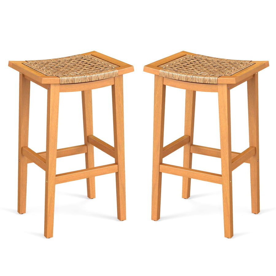 Outdoor Acacia Wood Bar Stools Set of 2 with PE Rattan Seats and Backrests