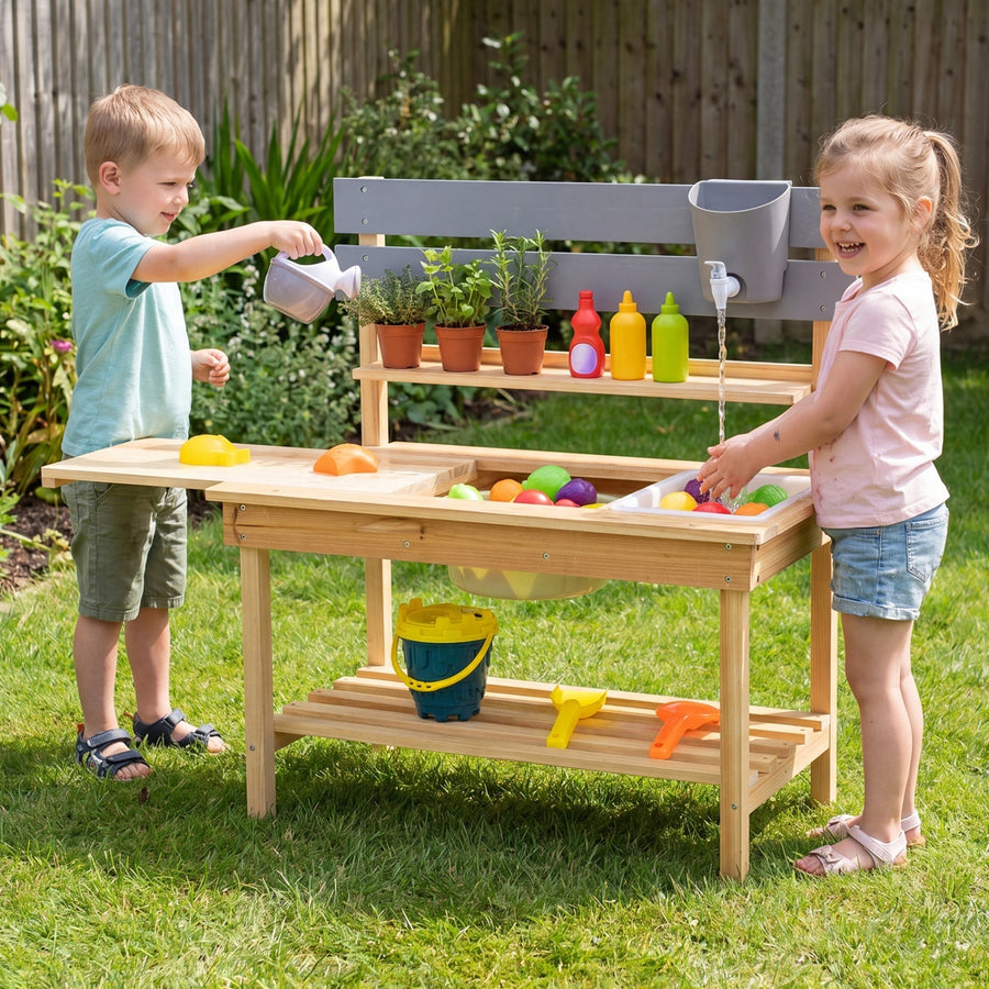 Outdoor Kids Mud Kitchen with Extended Tabletop and Water Tank