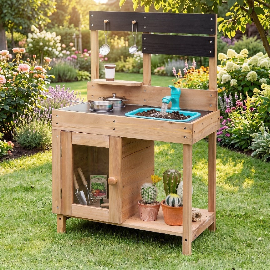 Wooden Play Kitchen with Stove, Storage & Water System