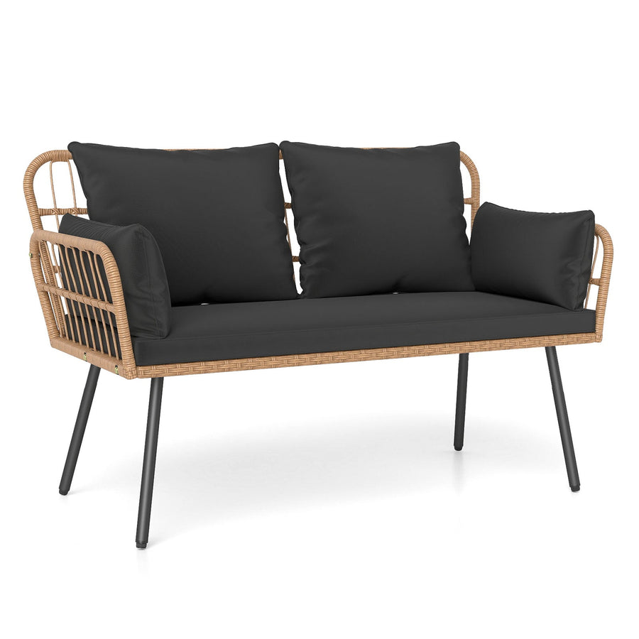 Outdoor Rattan 2-Seat Chair with Seat Back Cushions and Heavy-Duty Metal Legs