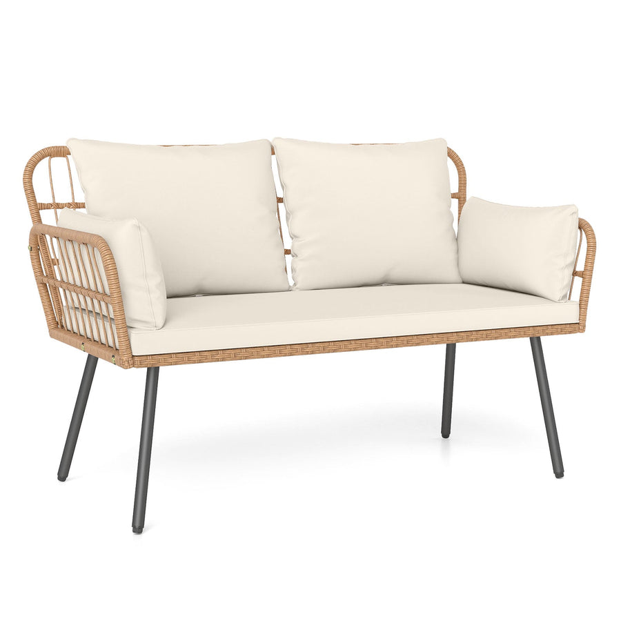 Outdoor Rattan 2-Seat Chair with Seat Back Cushions and Heavy-Duty Metal Legs
