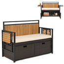 Outdoor Storage Bench with 2 Side Tables and Cushioned Seat