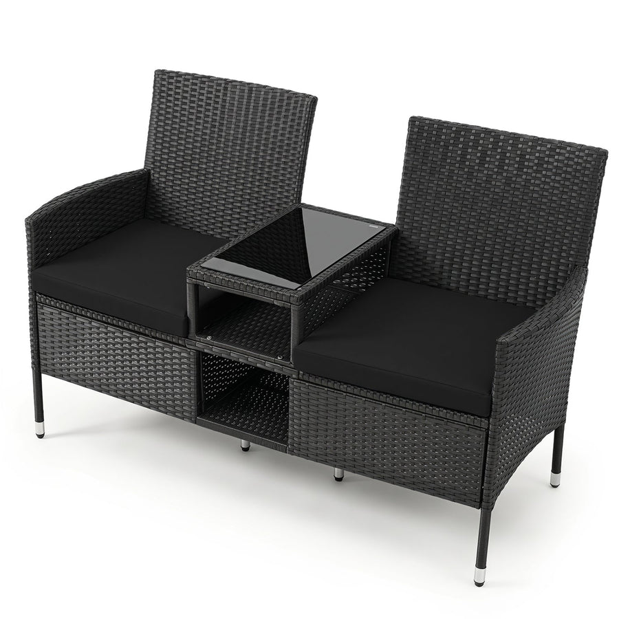 Outdoor Wicker Loveseat with Built-in Glass Side Table